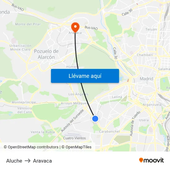 Aluche to Aravaca map