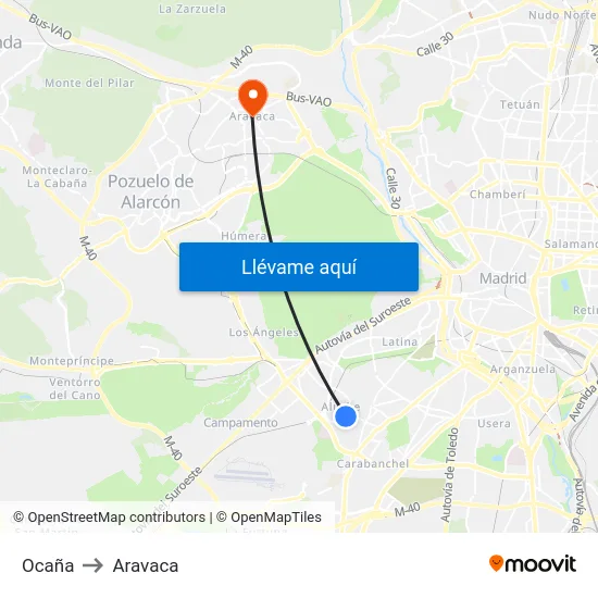 Ocaña to Aravaca map