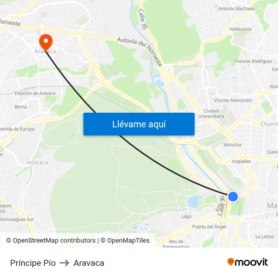 Príncipe Pío to Aravaca map
