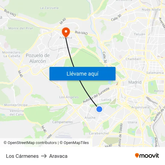 Los Cármenes to Aravaca map
