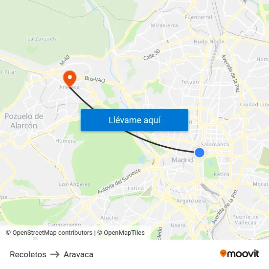 Recoletos to Aravaca map