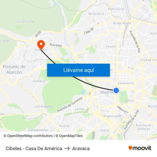 Cibeles - Casa De América to Aravaca map