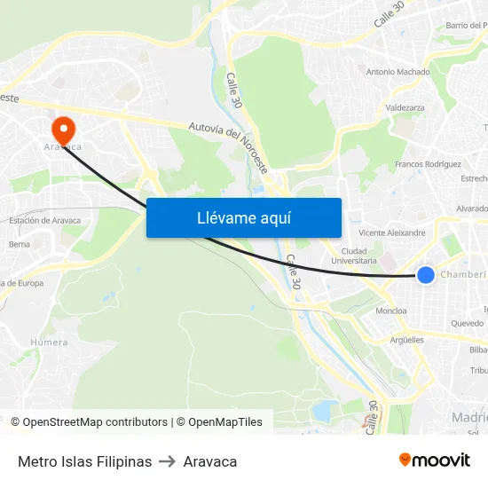 Metro Islas Filipinas to Aravaca map