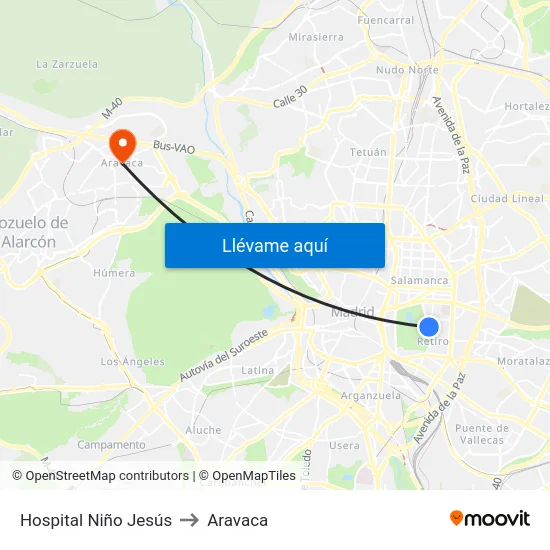 Hospital Niño Jesús to Aravaca map