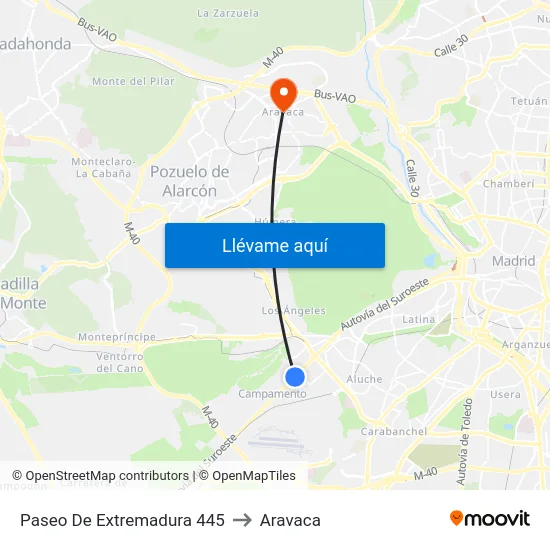 Paseo De Extremadura 445 to Aravaca map