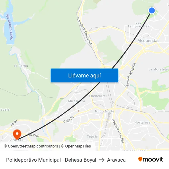 Polideportivo Municipal - Dehesa Boyal to Aravaca map