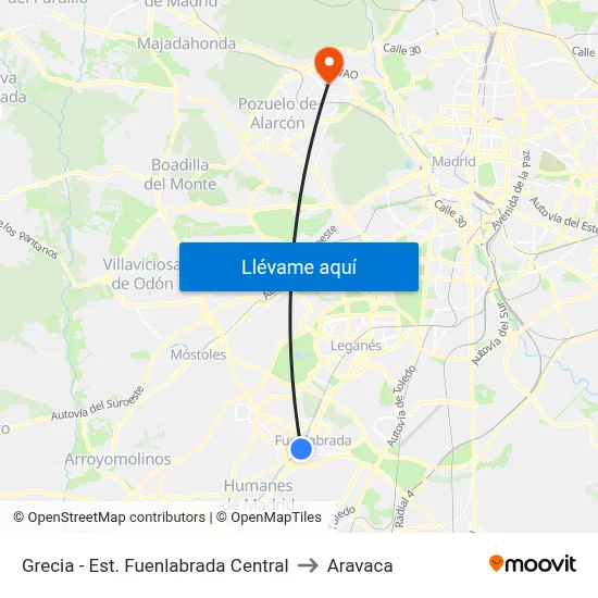 Grecia - Est. Fuenlabrada Central to Aravaca map