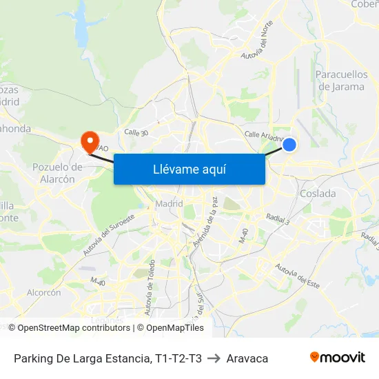 Parking De Larga Estancia, T1-T2-T3 to Aravaca map