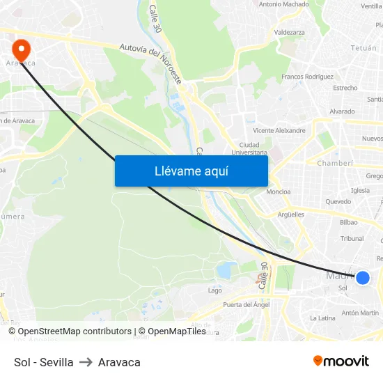 Sol - Sevilla to Aravaca map