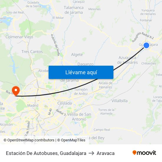 Estación De Autobuses, Guadalajara to Aravaca map