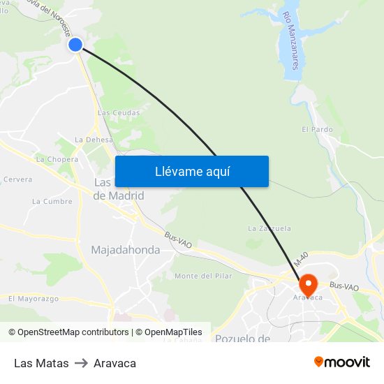 Las Matas to Aravaca map