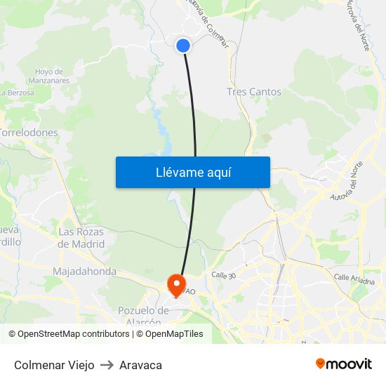 Colmenar Viejo to Aravaca map