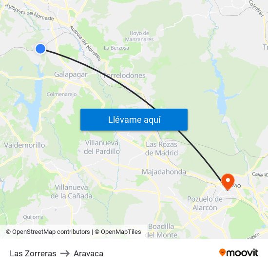 Las Zorreras to Aravaca map