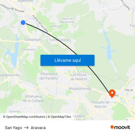 San Yago to Aravaca map