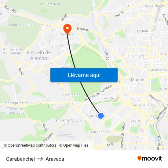 Carabanchel to Aravaca map