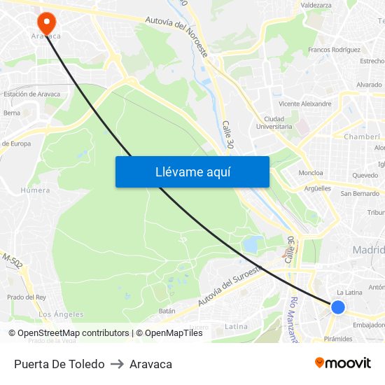 Puerta De Toledo to Aravaca map