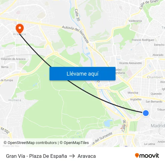 Gran Vía - Plaza De España to Aravaca map