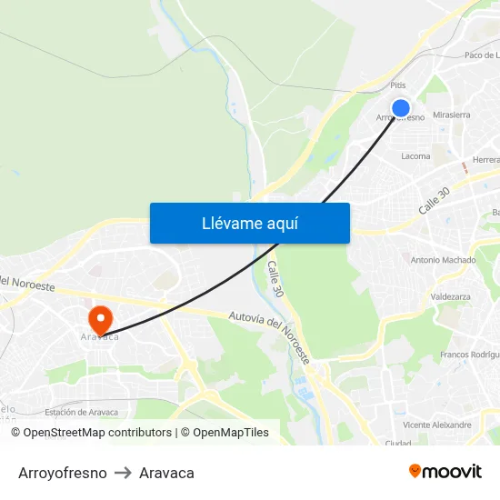 Arroyofresno to Aravaca map