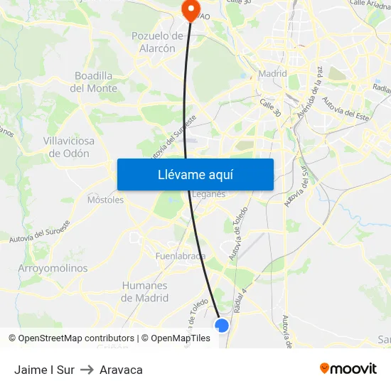 Jaime I Sur to Aravaca map