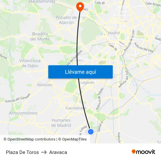 Plaza De Toros to Aravaca map