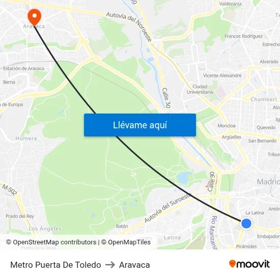 Metro Puerta De Toledo to Aravaca map