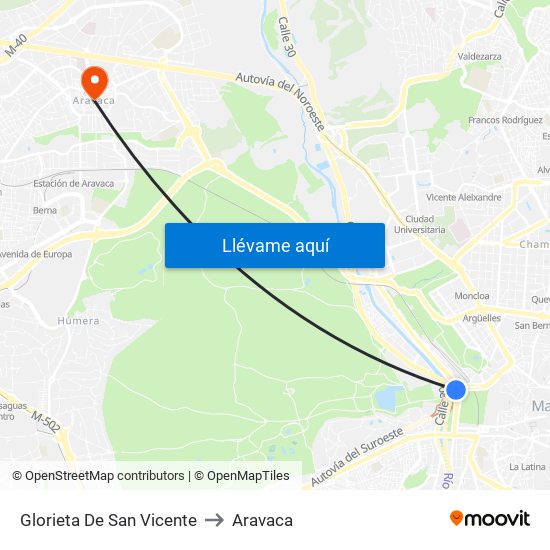 Glorieta De San Vicente to Aravaca map