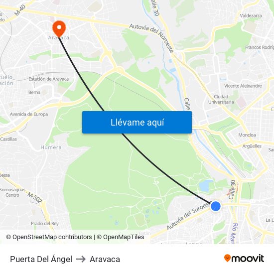 Puerta Del Ángel to Aravaca map