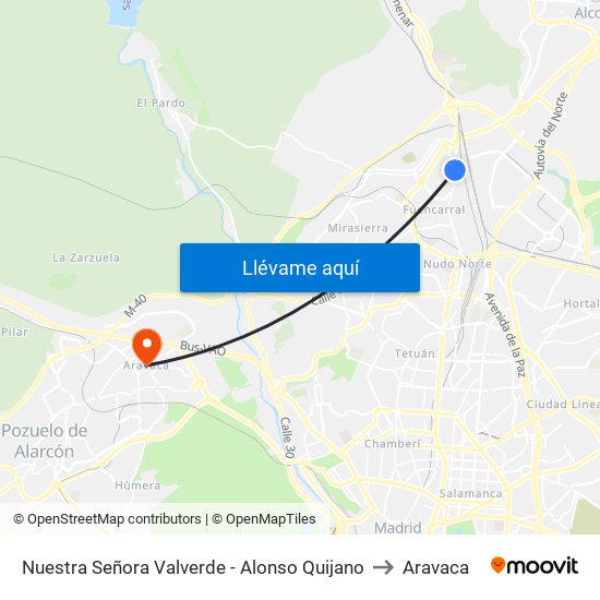 Nuestra Señora Valverde - Alonso Quijano to Aravaca map