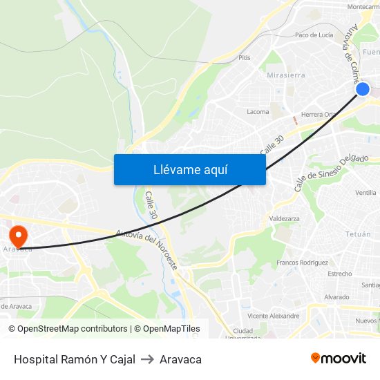 Hospital Ramón Y Cajal to Aravaca map