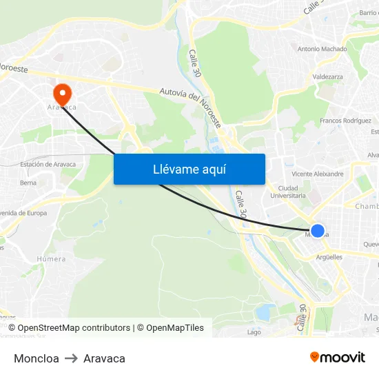 Moncloa to Aravaca map