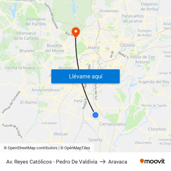 Av. Reyes Católicos - Pedro De Valdivia to Aravaca map