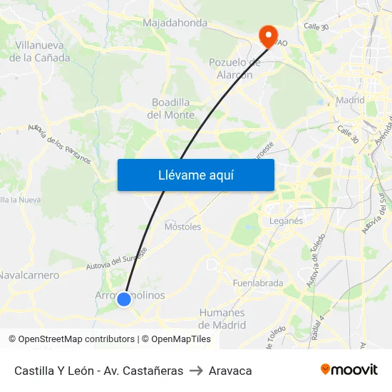 Castilla Y León - Av. Castañeras to Aravaca map