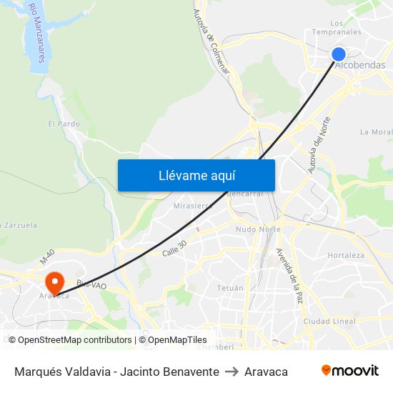 Marqués Valdavia - Jacinto Benavente to Aravaca map