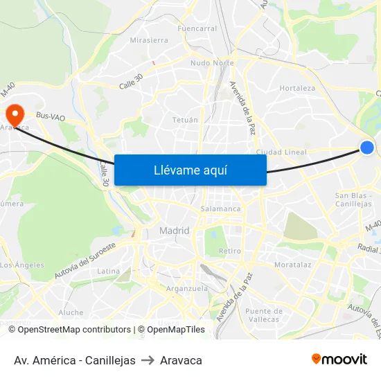 Av. América - Canillejas to Aravaca map
