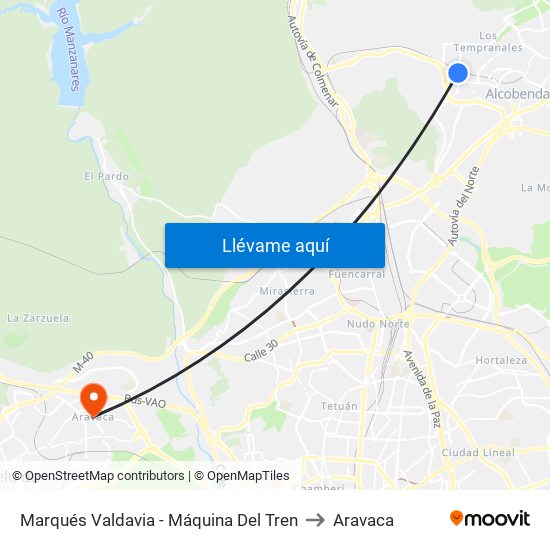 Marqués Valdavia - Máquina Del Tren to Aravaca map