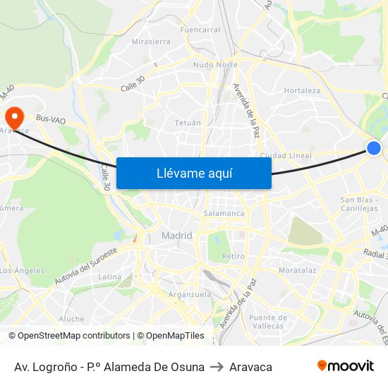 Av. Logroño - P.º Alameda De Osuna to Aravaca map