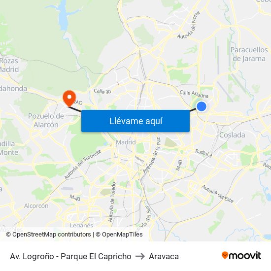 Av. Logroño - Parque El Capricho to Aravaca map