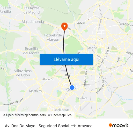 Av. Dos De Mayo - Seguridad Social to Aravaca map