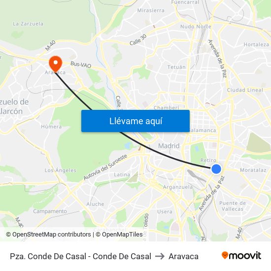 Pza. Conde De Casal - Conde De Casal to Aravaca map