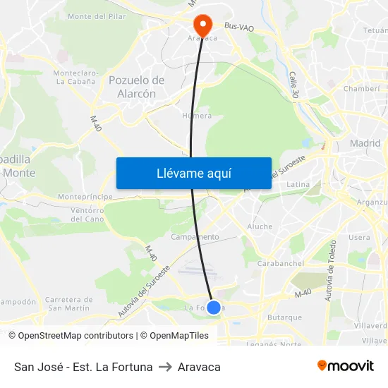 San José - Est. La Fortuna to Aravaca map