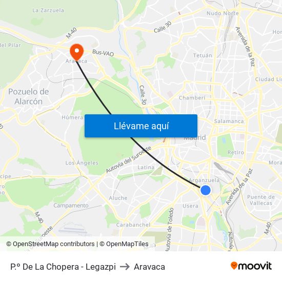 P.º De La Chopera - Legazpi to Aravaca map