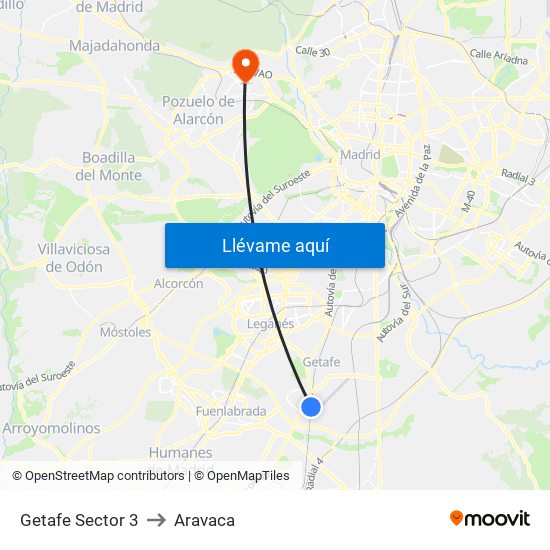 Getafe Sector 3 to Aravaca map