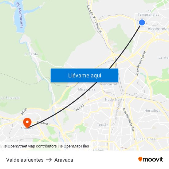 Valdelasfuentes to Aravaca map
