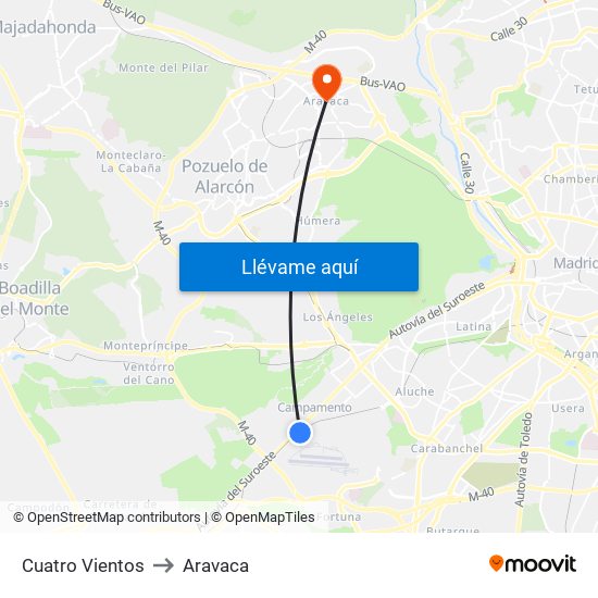 Cuatro Vientos to Aravaca map