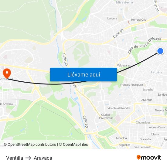 Ventilla to Aravaca map