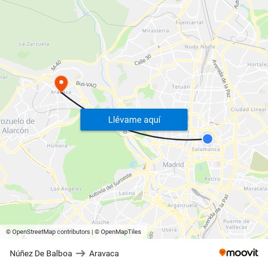 Núñez De Balboa to Aravaca map