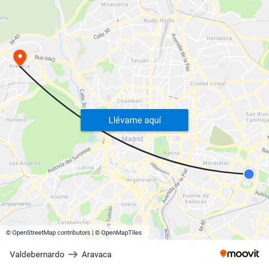 Valdebernardo to Aravaca map