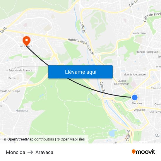 Moncloa to Aravaca map