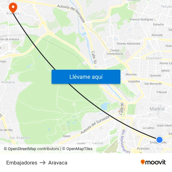 Embajadores to Aravaca map