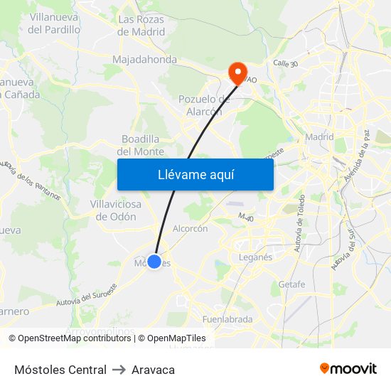 Móstoles Central to Aravaca map